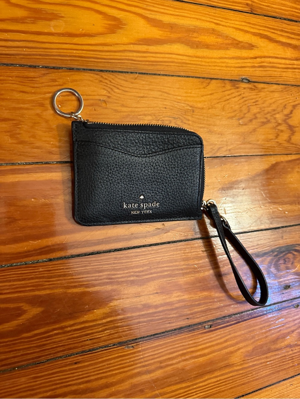 kate spade Black Pebbled Leather Wristlet Card Case with Key Ring
